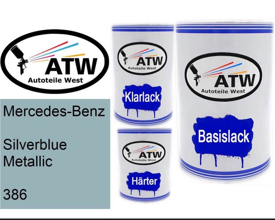 Mercedes-Benz, Silverblue Metallic, 386: 500ml Lackdose + 500ml Klarlack + 250ml Härter - Set, von ATW Autoteile West.